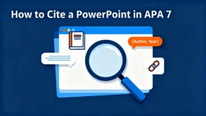 放大镜悬浮于风格化的PowerPoint幻灯片上方，周围漂浮着引文元素：一本书的图标、一个写着"(作者, 年份)"的引号气泡，以及一个链接符号。.
