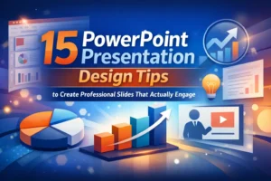 15 个 Powerpoint 演示文稿设计技巧特色封面图片，配以专业图表和引人入胜的幻灯片