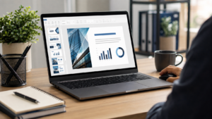 一名正在筆記型電腦上優化 PowerPoint 簡報設計的人。.